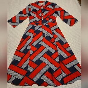 NWOT Stylish Red-Orange and Blue Geometric Dress